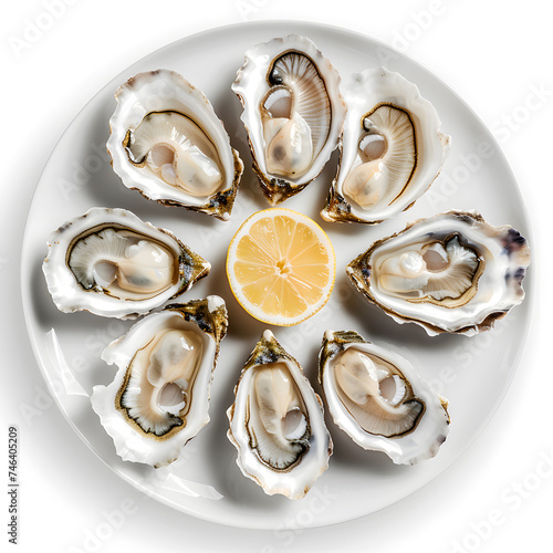 A plate of fresh oyster top view isolated on white background