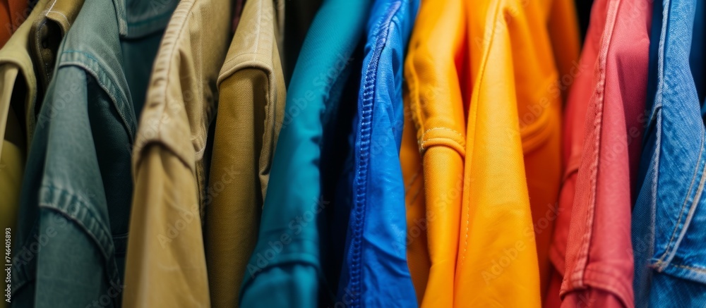 Vibrant collection of assorted colorful shirts on a retail display rack