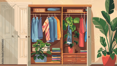 Closet with a plant and clothes hanging on its shelf. photo