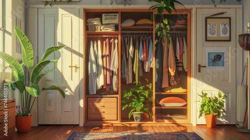 Closet with a plant and clothes hanging on its shelf.