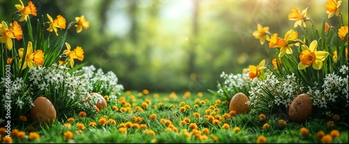 décor de Pâques au format panoramique, gazon, fleurs et œufs photo
