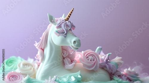 An ultra-HD image showcasing a whimsical unicorn birthday cake with pastel-colored fondant and shimmering edible glitter  set against a solid background in shades of lavender and mint.