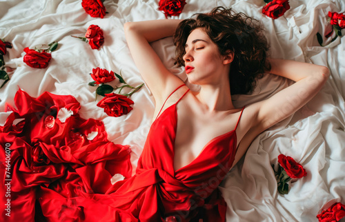 Sensual Allure: A Captivating Image of a Woman, Sensual and Seductive, Lying on a White Bed Surrounded by Red Flowers. Perfect Copy Space for Love, Perfume, and Beauty Products.




 photo