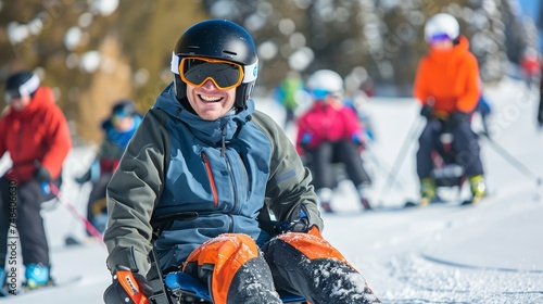 Adaptive skiing instructor with students snowy slopes and learning exhilaration and support