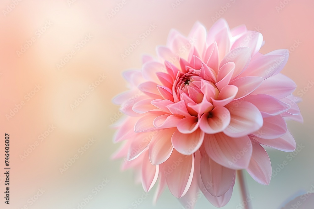 Close-up of a pink dahlia, its delicate petals shimmering under a gentle morning light, against a smoothly blurred pastel backdrop.