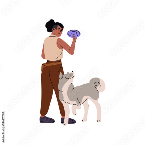 Owner training obedience, teach command with her dog. Trainer throws flying disc to puppy catch, fetch it. Girl play with husky. Agility exercise. Flat isolated vector illustration on white background