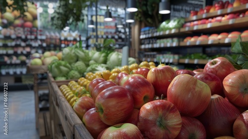 vegetables and fruits on the shelves in the supermarket