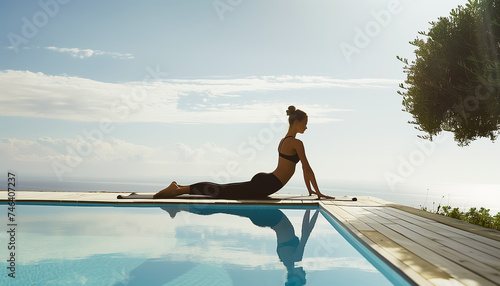 Young woman practicing yoga by a swimming pool with ocean in the background.