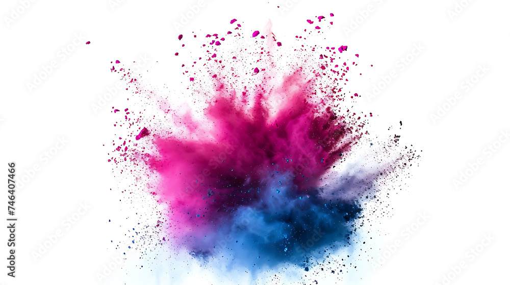 Holi colors Blue pink color powder explosion on white background