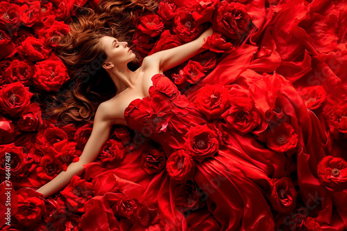 Sensual Elegance: A Captivating Image of a Woman in a Red Dress, Lying Over Red Flowers, Evoking Passion and Desire. Perfect Copy Space for Love, Perfume, and Beauty Products.      © Mr. Bolota