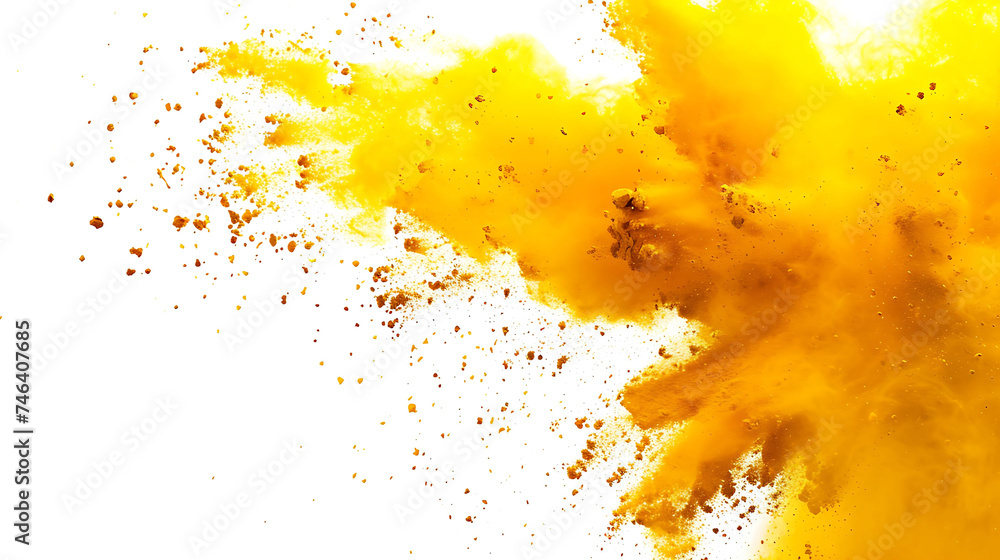 bright yellow holi paint color powder festival explosion isolated on white background.