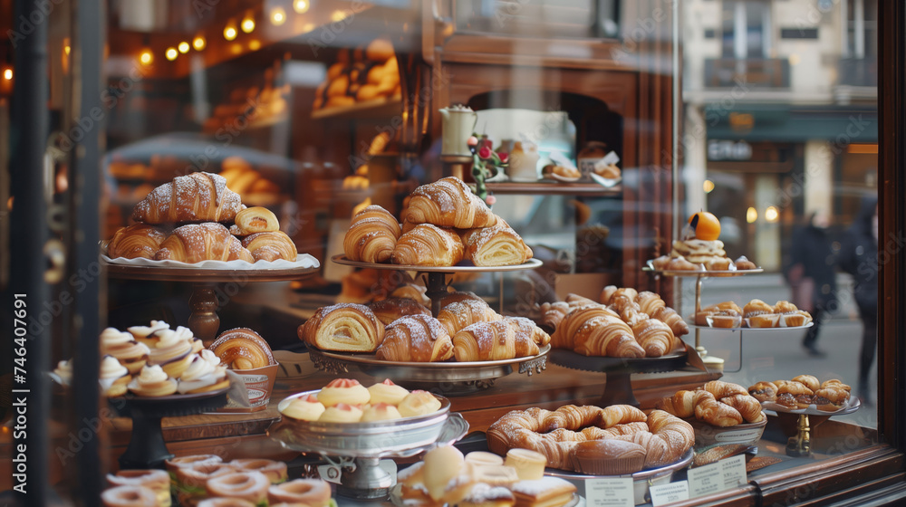 Croissants and other sweet bakery items lie on a beautiful display case in the shop