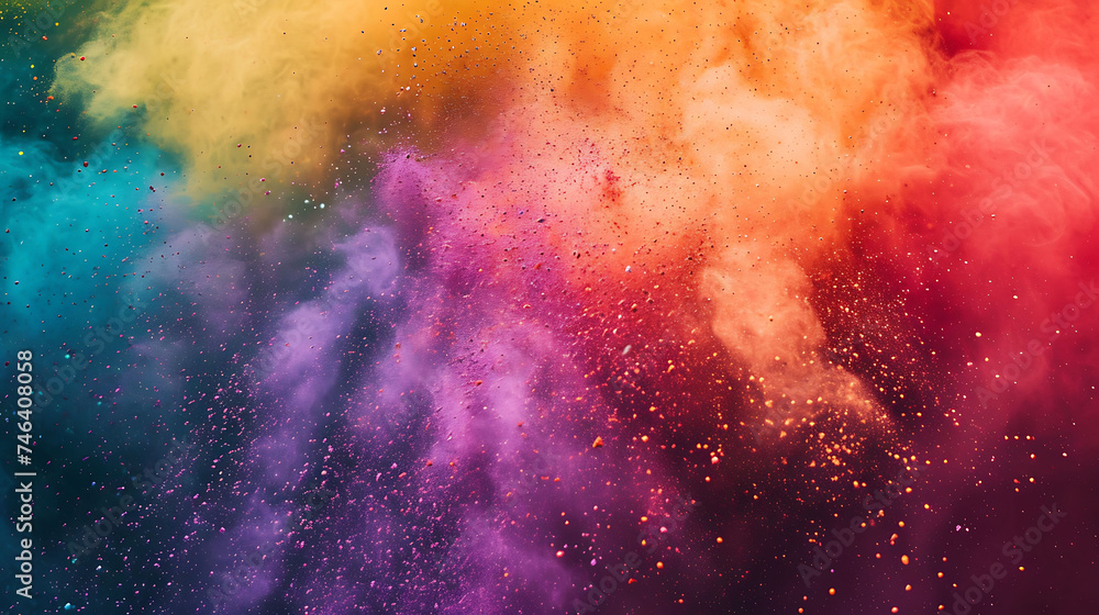 Holi colors splash explosion on dark background