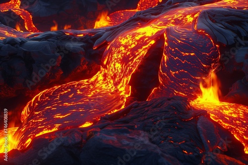 High-definition image capturing the vibrant and dynamic movement of lava flow, with bright flames and a seamless rock volcano texture.