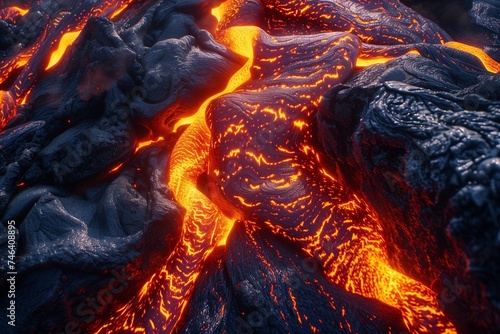 High-definition image capturing the vibrant and dynamic movement of lava flow, with bright flames and a seamless rock volcano texture.