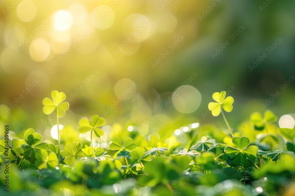 Enchanted Saint Patrick vision: Trefoil close-up with a dreamy, blurred pasture scene. Generated AI