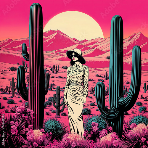 A woman in a dress and hat standing in a desert with cactus plants and mountains in the background, a psychedelic pop art painting.