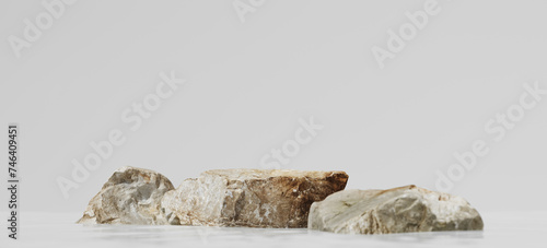 Minimal mockup concept for cosmetic product presentation. Stone podium on white background. Clipping path of each element included. 3d rendering illustration. 