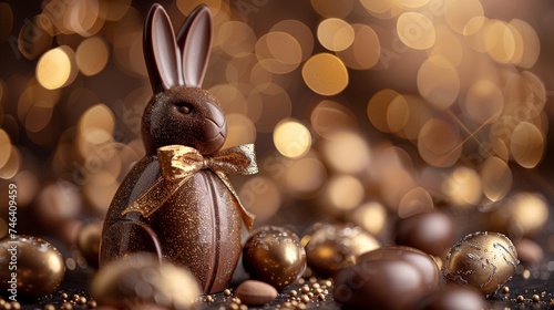 a chocolate Easter bunny with a golden bow around its neck. Scattered around the main chocolate bunny 