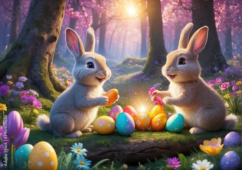 Cute two servant rabbits are happy and smiled and played around the Easter eggs with colorful spring flowers. In the forest, amazing lighting sunset. wide angle shooting by camera with high resolution