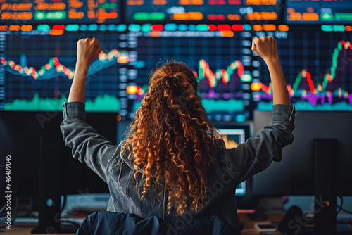closeup of people cheering for the stock prices and chart showing inclining on big glass screens, at the stock market office