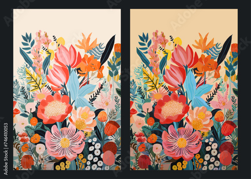 Bunches of brightly colored botanical flora Illustration 