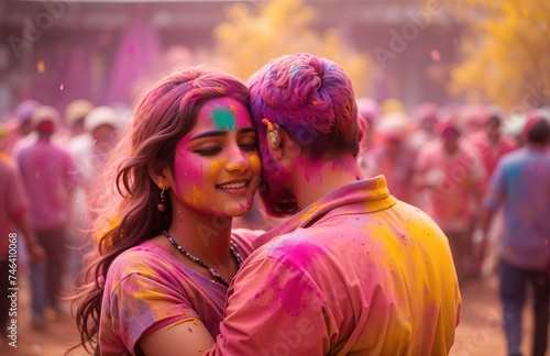 Joyfully couple covered with colorful holi powder hugging at holi festival