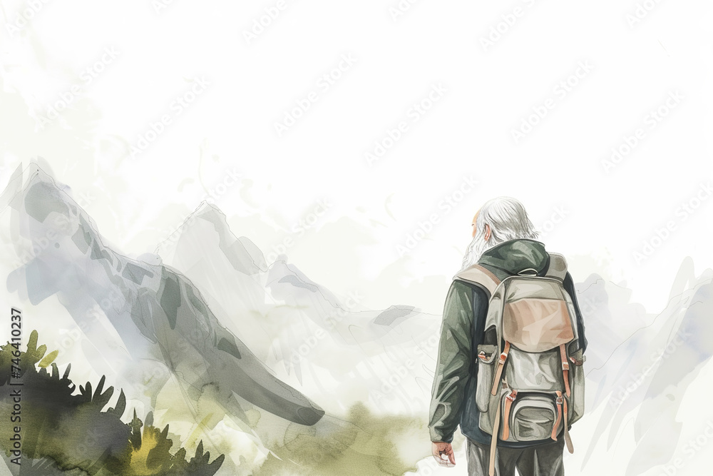 middle gray haired age hiker looking into the distance in mountains, watercolor painting, copy space, blue, gray pastel color