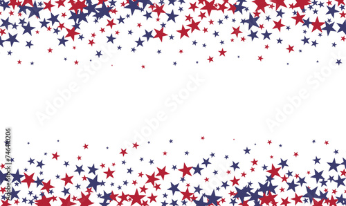 Colors of USA flag background, blue and red stars falling. Red and blue stars falling on white background, poster with American color symbols, shooting stars confetti.