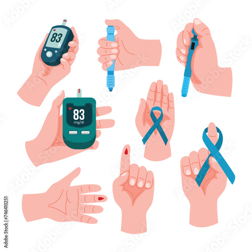 Set of Human hands holding blood sugar glucose medical test set, glucometer for insulin level check with diabetes day hands, ribbon, blood lancet device, glucose sugar meter, vector illustration
