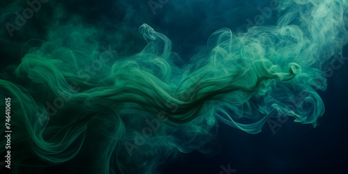 Image showcasing the mesmerizing dance of emerald green smoke tendrils against a canvas of deep navy blue.