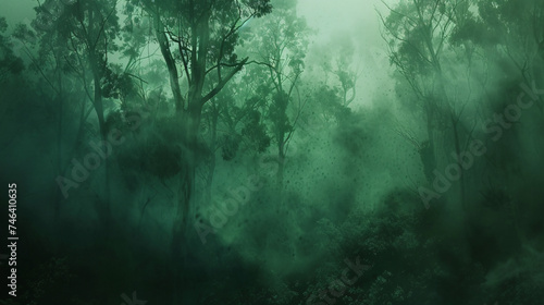 Misty green dense forest, a gloomy dream in the.
