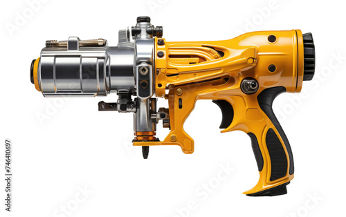 Yellow and Black Electric Drill. A yellow and black electric drill is used for drilling holes and fastening materials together. on a White or Clear Surface PNG Transparent Background.