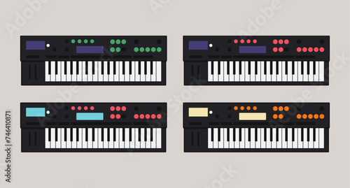 Vector synthesizer with colorful buttons, retro electronic musical instrument photo