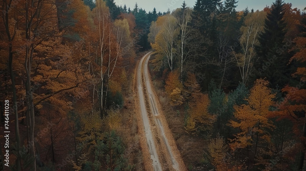 Aerial view of autumn forest with road cutting through. Top view countryside path through the autumn forest with car adventure.
