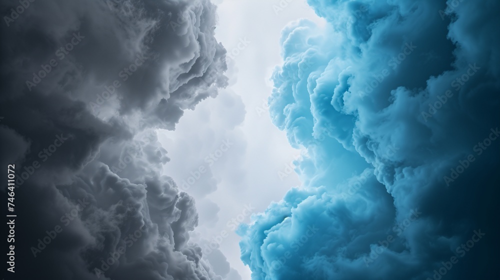 The contrast of dark storm clouds parting to reveal a hopeful patch of blue sky, a metaphor for optimism on World Meteorological Day. The contrast of dark storm clouds parting to reveal a hopeful patch of blue sky, a metaphor for optimism on World Meteorological Day.