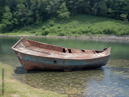 Free picture of an ancient  rusted fishing boat on the lake s sloping shore