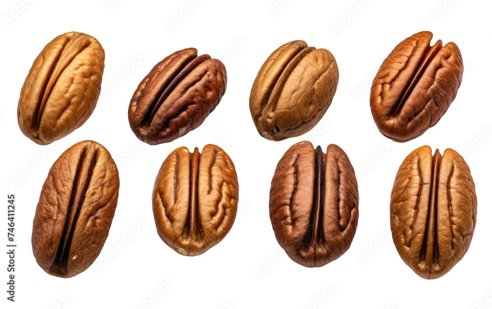 A Bunch of Pecans Arranged Neatly. A group of pecans are lined up next to each other, showcasing their natural brown shells. on a White or Clear Surface PNG Transparent Background. A Bunch of Pecans Arranged Neatly. A group of pecans are lined up next to each other, showcasing their natural brown shells. on a White or Clear Surface PNG Transparent Background.
