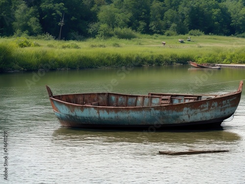 Free picture of an ancient  rusted fishing boat on the lake s sloping shore