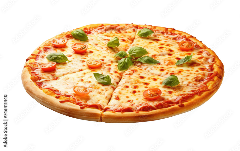 Delicious Pizza With Cheese and Tomatoes. A freshly made pizza topped with melting cheese and vibrant red tomatoes. on a White or Clear Surface PNG Transparent Background.