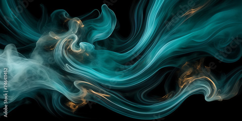 Abstract composition featuring dynamic swirls of smoke in shades of jade and topaz against a backdrop of rich, velvety black.