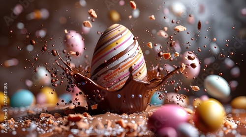 Obraz na płótnie œuf de paque en chocolat avec motifs qui éclabousse du chocolat liquide w salonie