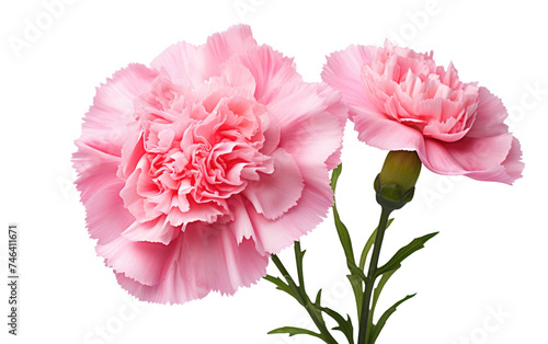 Two Pink Carnations. Two pink carnations rest side by side. The delicate flowers showcase their vibrant pink petals, contrasting beautifully. on a White or Clear Surface PNG Transparent Background.