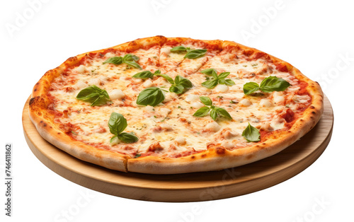 Pizza on Wooden Plate. A freshly baked pizza is placed on top of a rustic wooden plate, showcasing the delicious toppings and crispy crust. on a White or Clear Surface PNG Transparent Background.