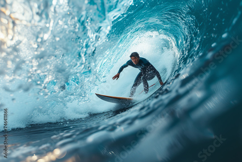 young asian man is surfing on a wave on surfboard, water drops, white and aquamarine photo