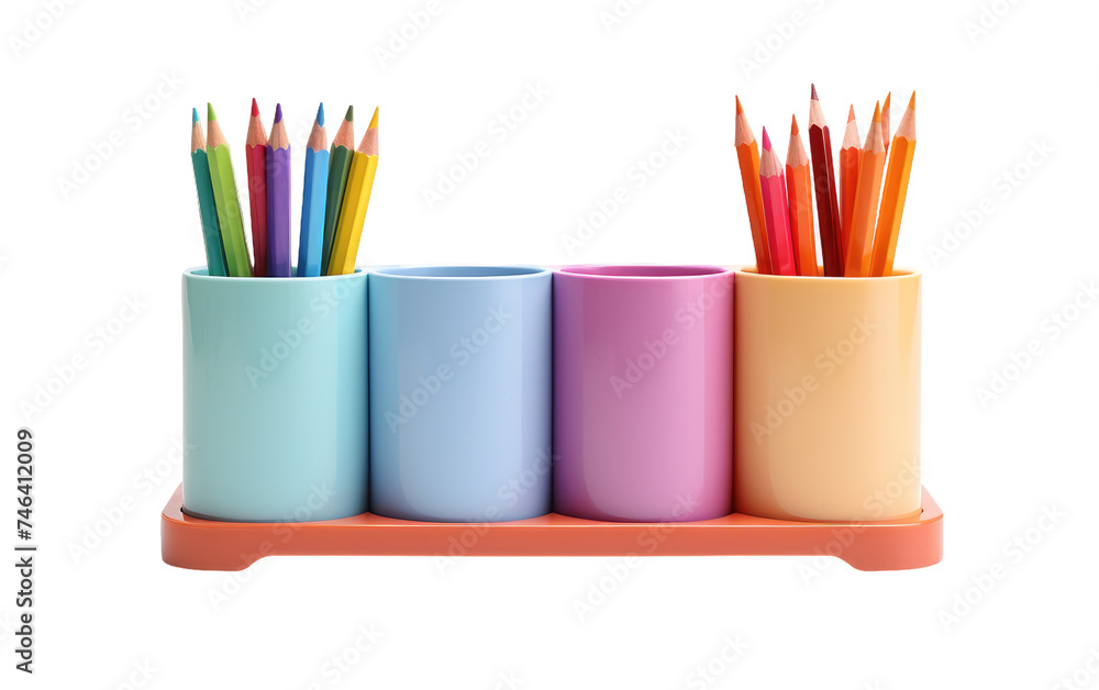 Fototapeta premium Row of Pencils in Cup. A row of sharpened pencils neatly arranged inside a cup on a wooden desk. Each pencil is of different colors and lengths. on a White or Clear Surface PNG Transparent Background.