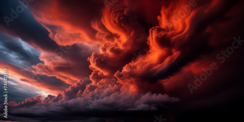 Image capturing the dynamic movement of vibrant vermilion smoke against a backdrop of dark, stormy clouds. © Hans
