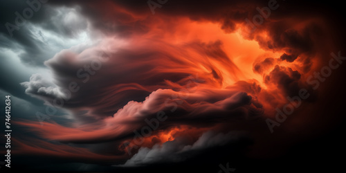 Image capturing the dynamic movement of vibrant vermilion smoke against a backdrop of dark, stormy clouds.