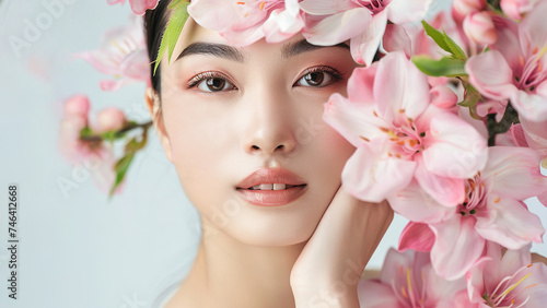 An attractive young Asian woman with fresh skin in flowers. Spring flowers next to the face. Facial care, facial treatments, cosmetology, skin beauty and cosmetic concept