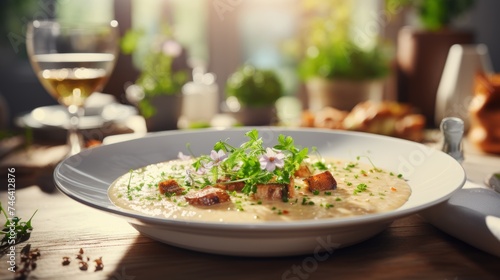 Delicious creamy mushroom soup with fresh herbs on blurred kitchen background  copy space for text